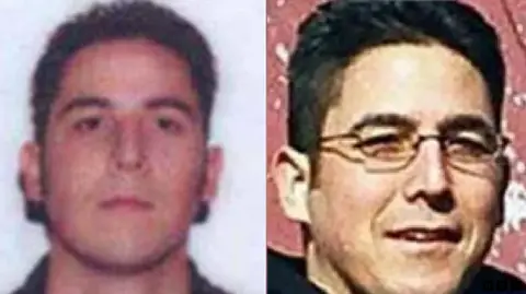 FBI Two images of the same white man. On the left how he looked like when he was younger with brown hair, on the right wearing glasses and smiling at the camera.

