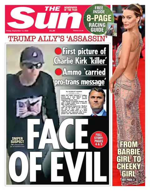 The headline on the front page of the Sun reads: “Face of evil”.