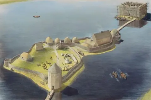 David Simon A visualisation showing the previously unknown castle at Finlaggan. It shows two small islands in a loch. The nearest one has thatched roof buildings and a conical-shaped tower. The furthest island has a stone keep and is connected to the other island by a bridge.