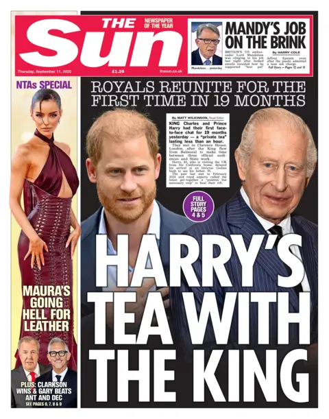 The headline on the front page of the Sun reads: “Harry's tea with the King”.