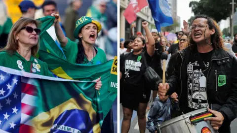 Reuters A composite photo shows supporters of Jair Bolsonaro waving Brazilian flags and dressed in Brazil football shirts on the left, and on the right opponents of Bolsonaro are seen. One woman has her fist in the air, while a man plays a drum.