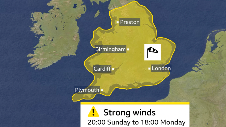 A map showing details of the yellow wind warning for England and Wales.
