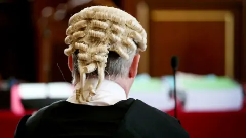 PA Media A judge with a blonde curly wig sits in a court, with his back to the camera. He has grey hair under the wig and is wearing a black robe. 