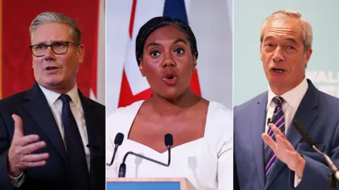 BBC Keir Starmer, a grey-haired man in a black jacket and black tie speaks in front of a red backdrop. Kemi Badenoch, a woman with dark braids tied back from her face speaks in front of a union jack. Nigel Farage, a man with grey hair and a purple striped tie speaks in front of a turquoise backdrop.