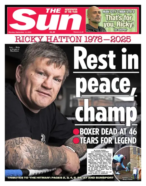 The Sun's headline is Rest in Peace, Champ