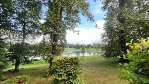 Gwyndaf Hughes/BBC The lake at Conholt Park surrounded by trees. 
