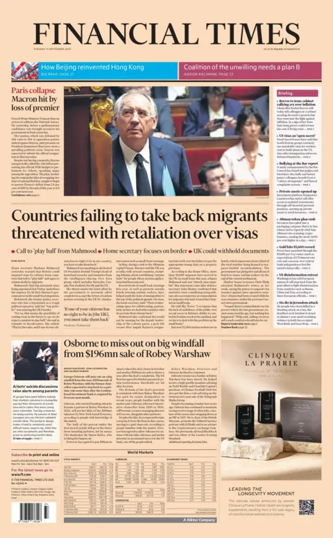 The headline on the front page of the Financial Times reads: "Countries failing to take back migrants threatened with retaliation over visas". 